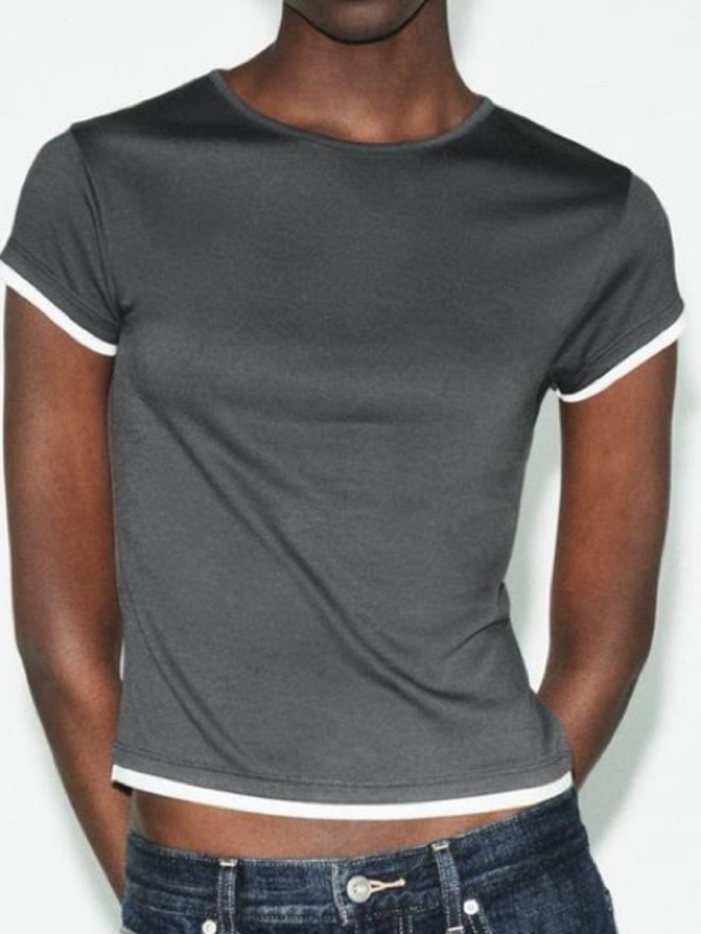 NEW ZARA Contrast Piping T Shirt Women’s Small Charcoal Gray